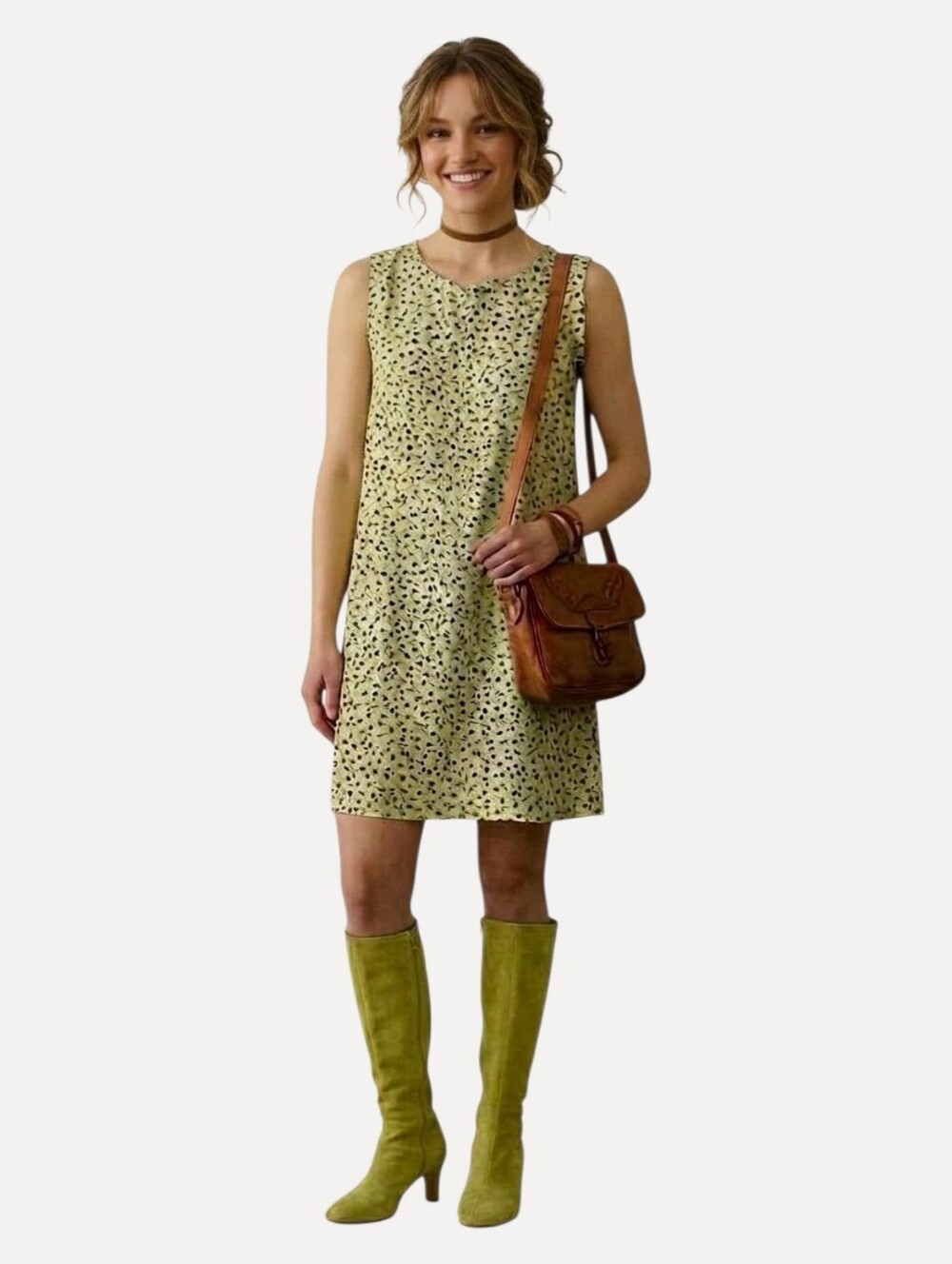 Vintage 80s KAMELLIA Lime Floral Flutter Sleeveless Shift Dress